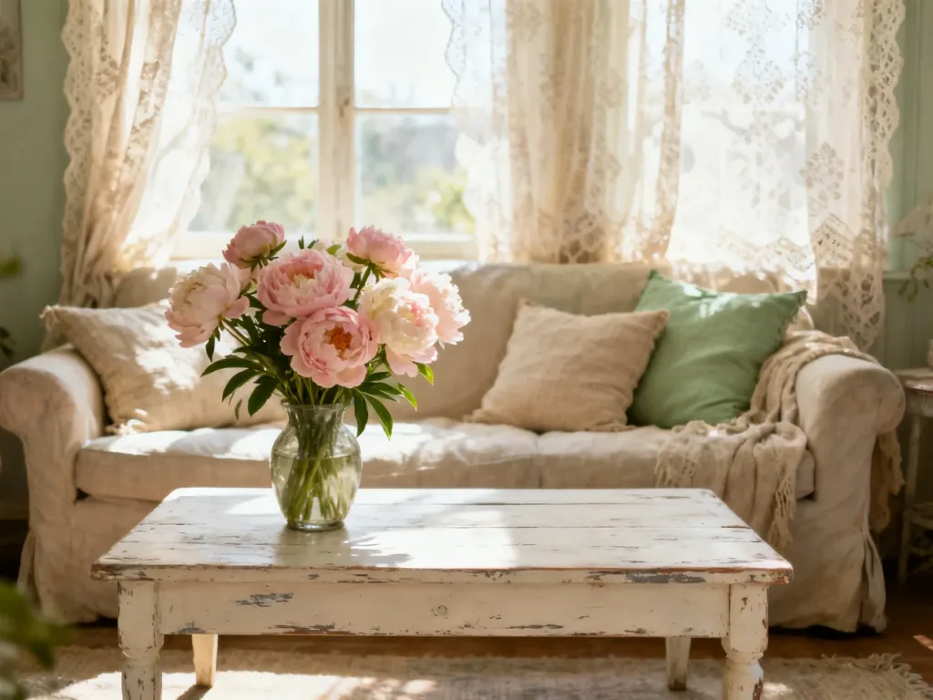 Przytulny salon w stylu shabby chic z postarzanym stolikiem, bukietem piwonii i jasnymi, pastelowymi dodatkami.
