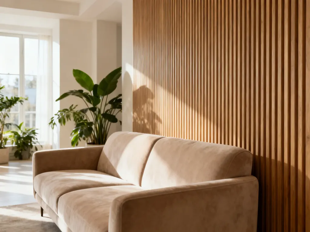 Nowoczesny salon z drewnianymi lamelami na ścianie oraz minimalistyczną beżową sofą w stylu skandynawskim.