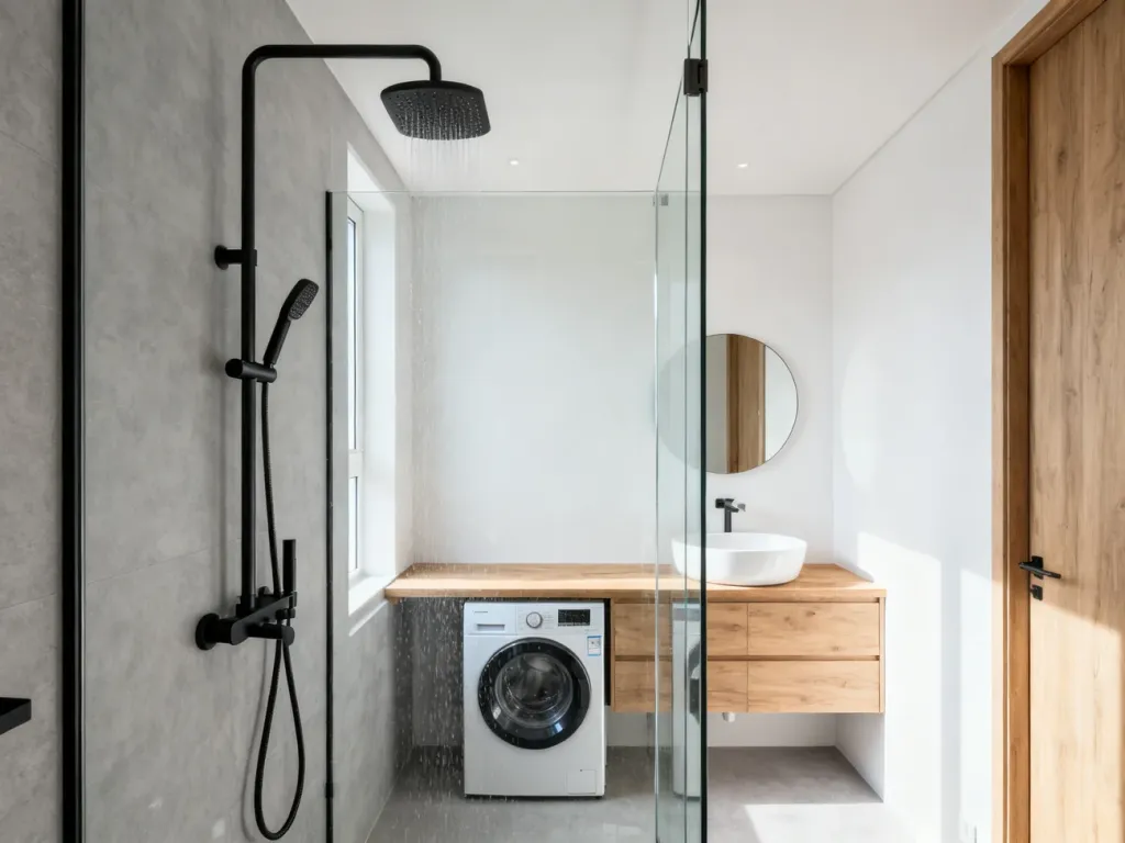 Nowoczesna łazienka o powierzchni 4 m² z prysznicem typu walk-in, pralką pod drewnianym blatem i minimalistyczną umywalką.