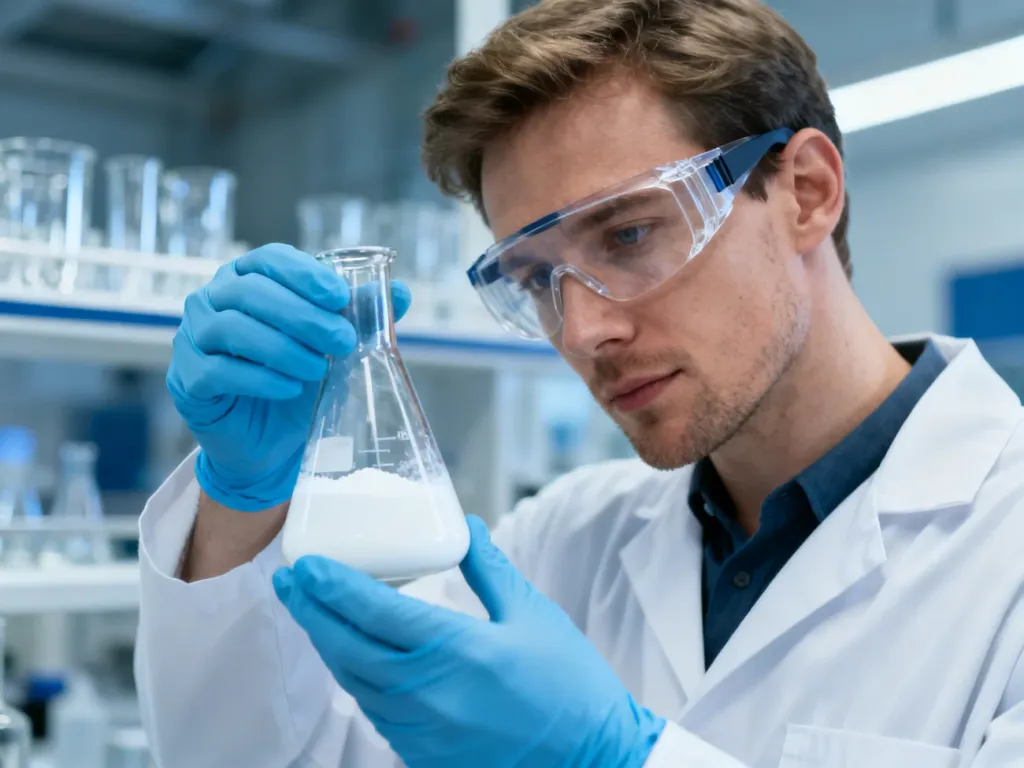 Pracownik laboratorium w okularach i rękawicach ochronnych bezpiecznie przygotowuje próbkę sody kaustycznej.