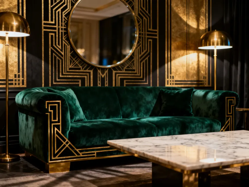 Elegancki salon w stylu art deco z szmaragdową sofą, złotymi akcentami i marmurowym stolikiem w luksusowym wnętrzu.