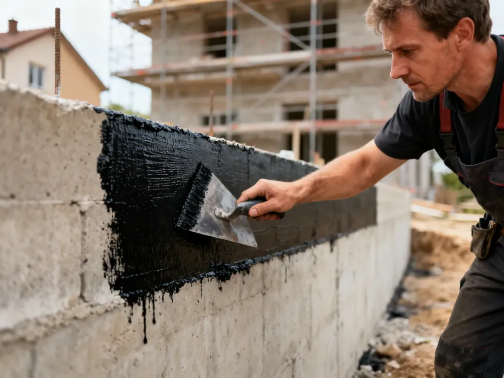 Pracownik budowlany nakłada czarną masę hydroizolacyjną na betonową ścianę fundamentową za pomocą kielni.
