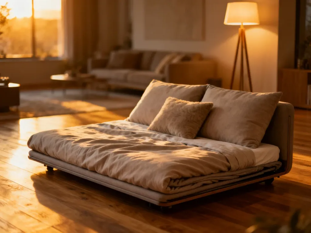 Nowoczesna sofa rozłożona w przytulnym salonie z miękką pościelą, gotowa do komfortowego snu.