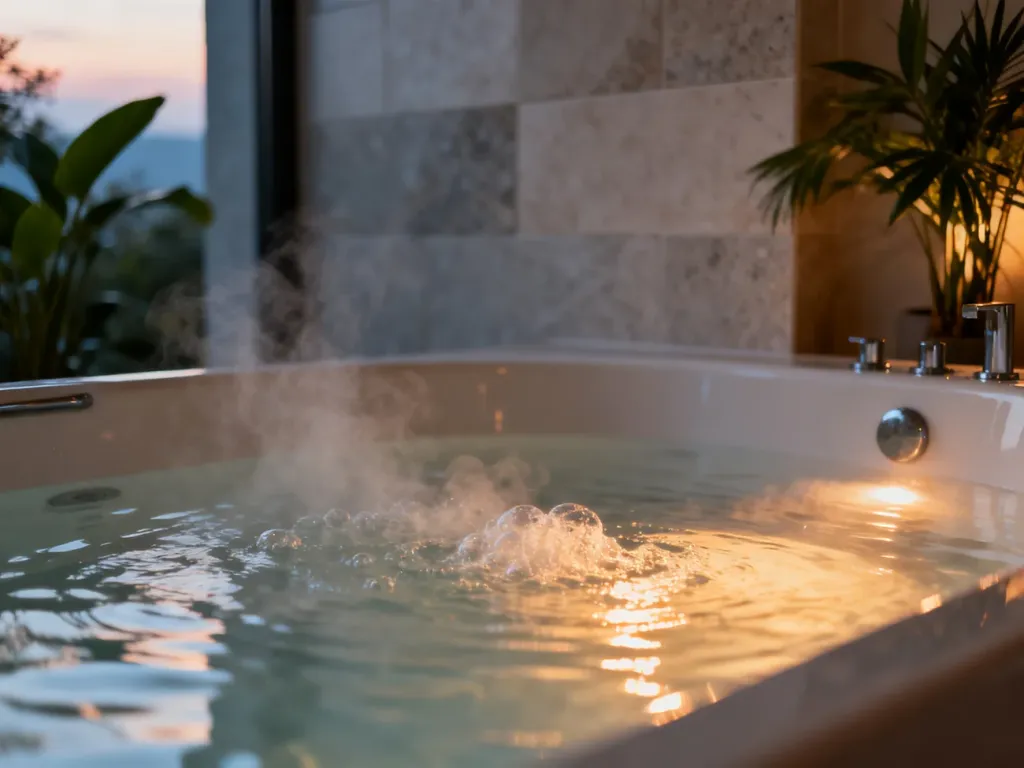 Luksusowa wanna z hydromasażem w nowoczesnej łazience, tworząca relaksującą atmosferę domowego spa.
