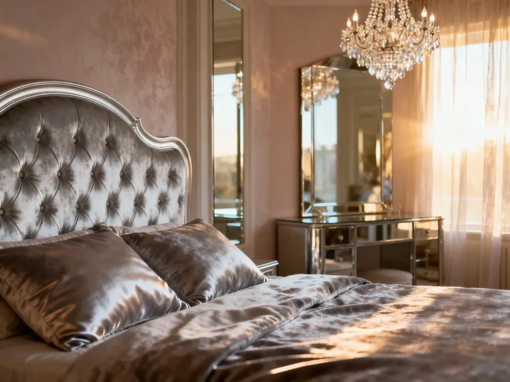 Luksusowa sypialnia w stylu glamour z welurowym łóżkiem, kryształowym żyrandolem i eleganckimi lustrzanymi meblami.