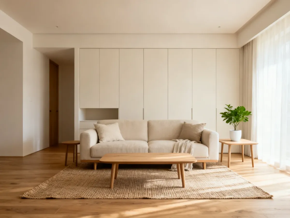 Przytulny minimalistyczny salon z neutralną sofą, naturalnym drewnem i rośliną