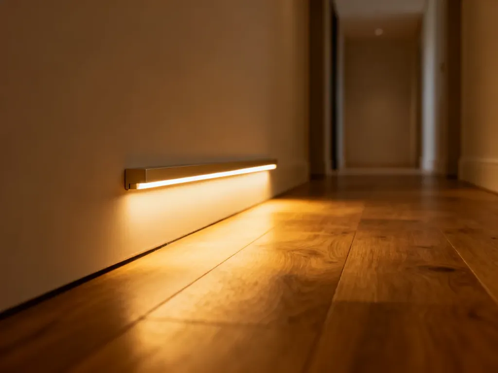 Minimalistyczna listwa LED zamontowana 10 cm nad podłogą, emitująca ciepłe światło w nowoczesnym korytarzu.