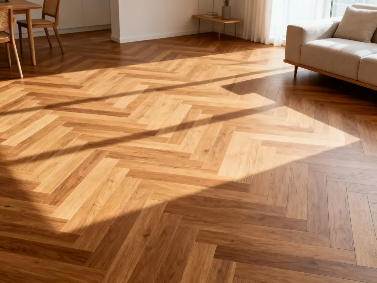 Salon z drewnopodobną podłogą z wyraźną V-fugą