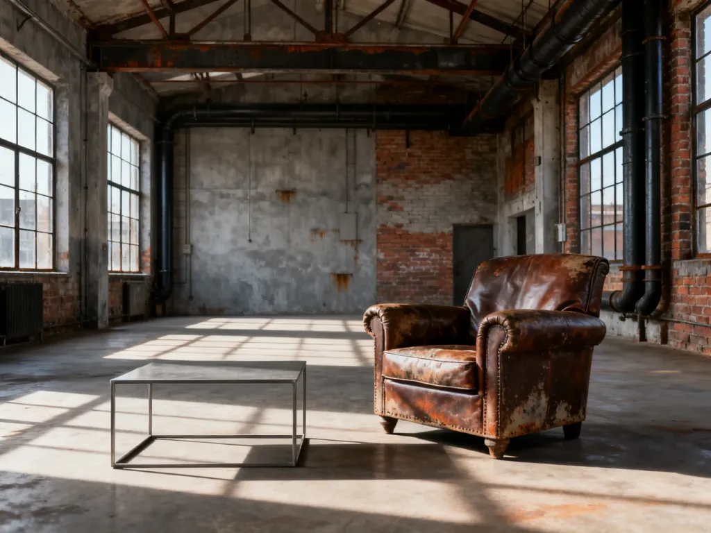Przestronny loft w stylu industrialnym z ceglanymi ścianami, metalowymi elementami i skórzanym fotelem.