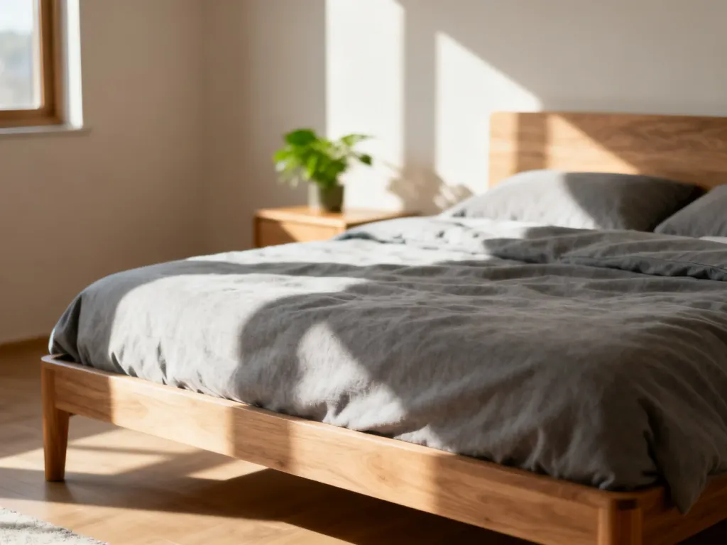 Minimalistyczna sypialnia o powierzchni 12 m² z nowoczesnym drewnianym łóżkiem w świetle porannego słońca.