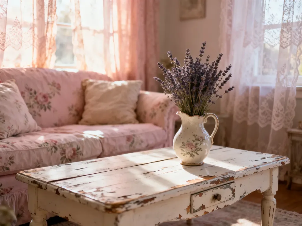 Przytulny kącik w stylu shabby chic z postarzanym stolikiem, lnianą sofą w kwiaty i jasnymi, koronkowymi zasłonami.