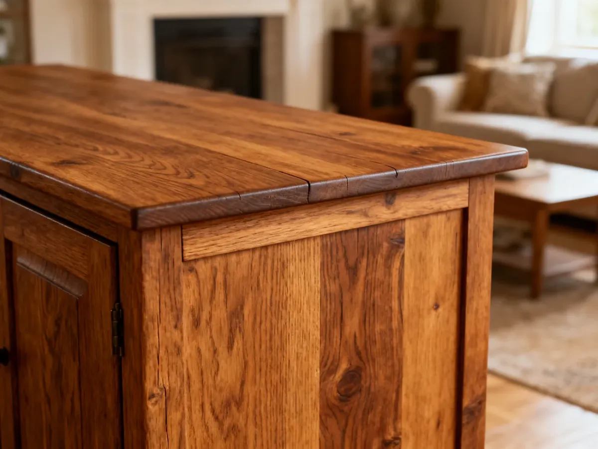 Solid wooden furniture with visible natural grain in a warm home interior