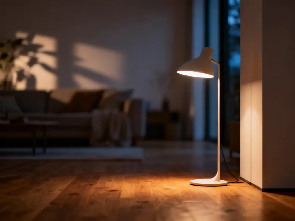 Nowoczesny salon oświetlony designerską lampą podłogową, tworzącą przytulny, ciepły nastrój wieczorową porą.