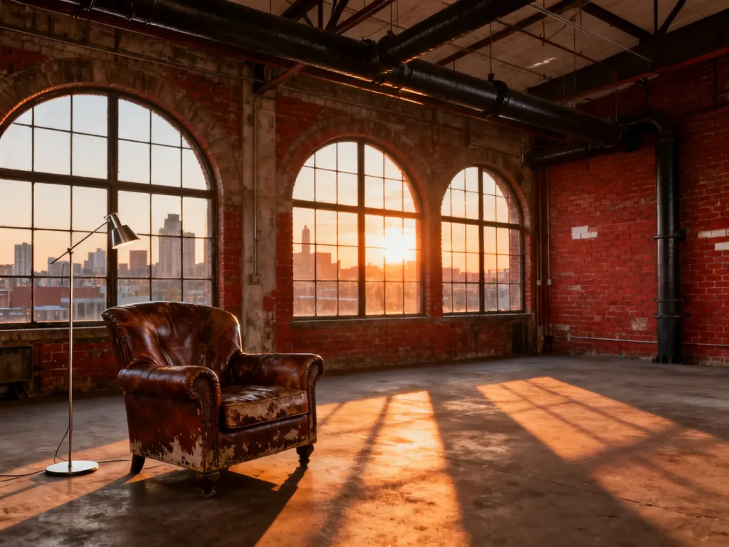 Przestronny loft w stylu industrialnym z ceglaną ścianą, skórzanym fotelem i metalową lampą w ciepłym świetle zachodzącego słońca.
