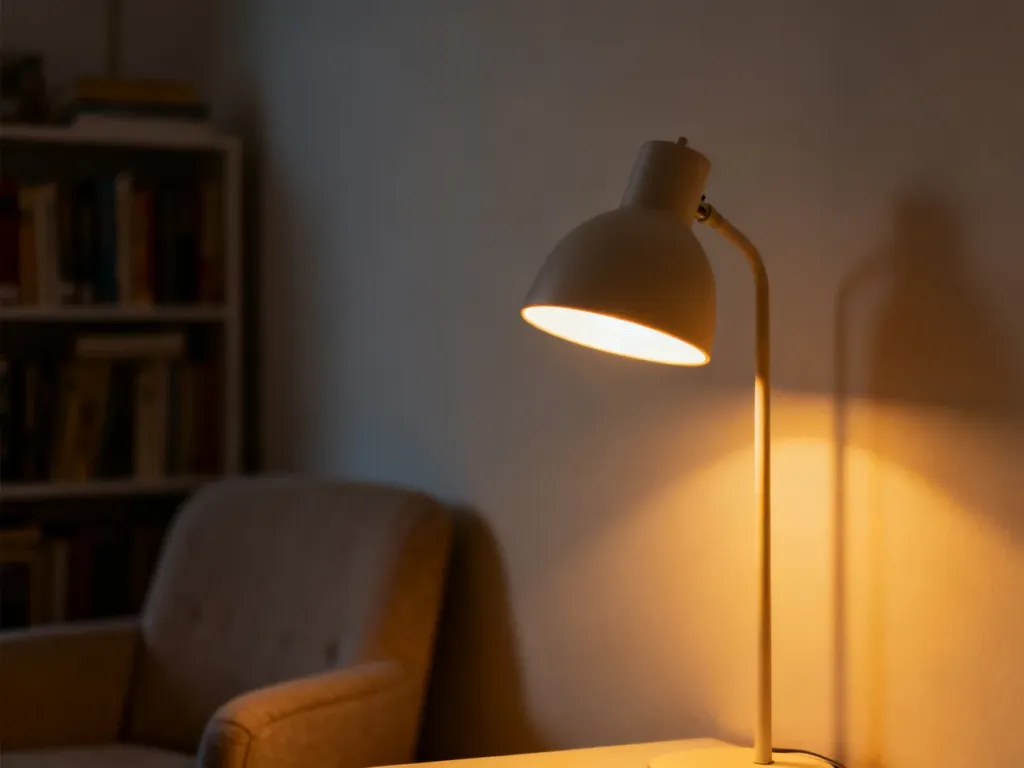 Nowoczesna lampka biurkowa emitująca ciepłe, złote światło, tworząca przytulny nastrój w małym, minimalistycznym pokoju.
