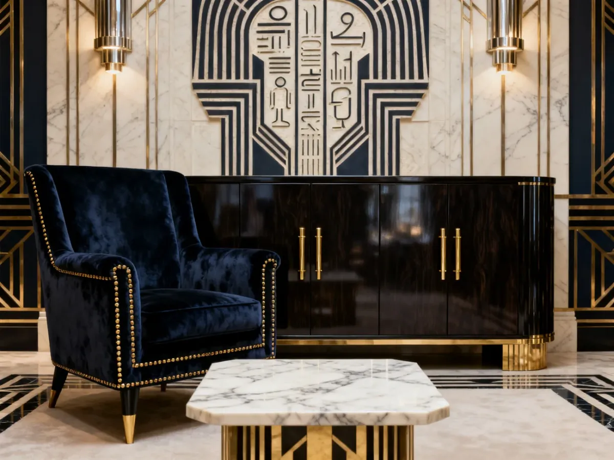 Eleganckie symetryczne wnętrze w stylu art déco z geometrycznymi meblami, marmurem i mosiężnymi detalami