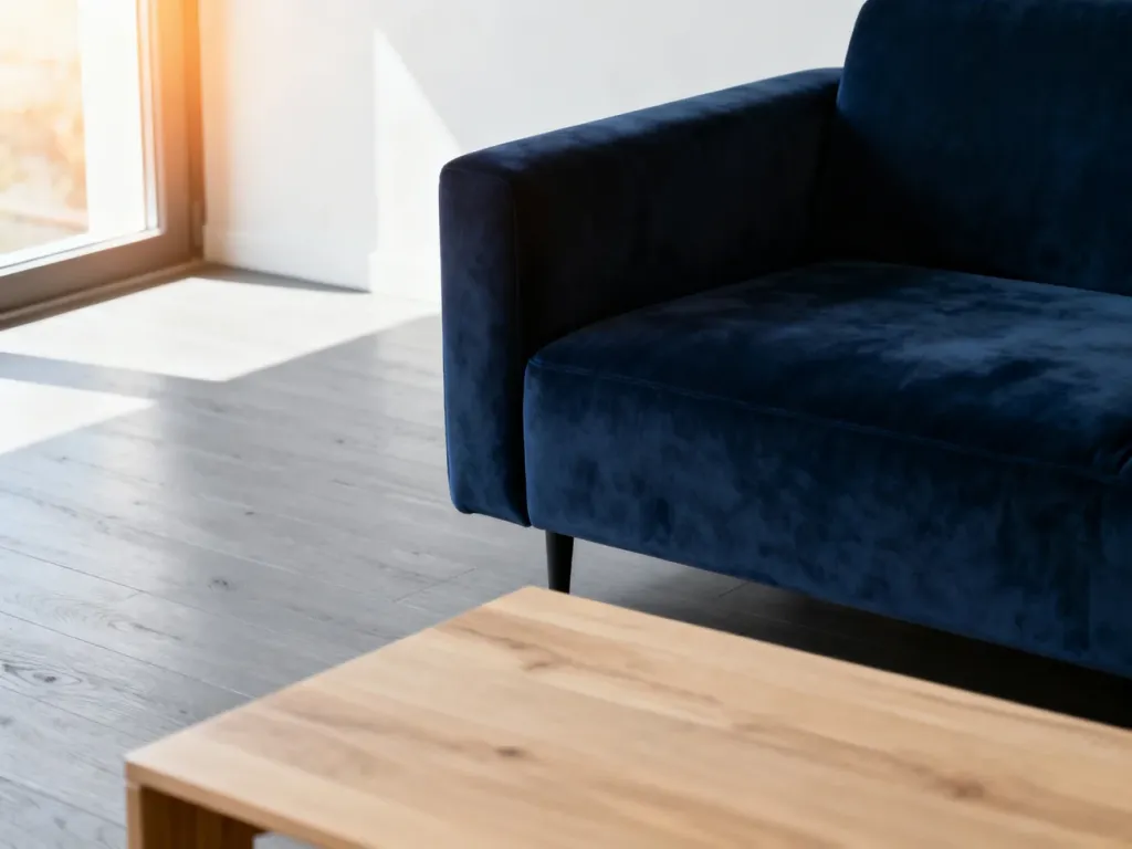Nowoczesny salon z szarą podłogą, granatową sofą i jasnym stolikiem kawowym, prezentujący harmonijną aranżację wnętrza.