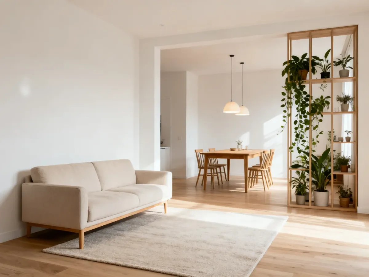 Jasny salon z jadalnią subtelnie podzielony dywanem, oświetleniem i otwartym regałem