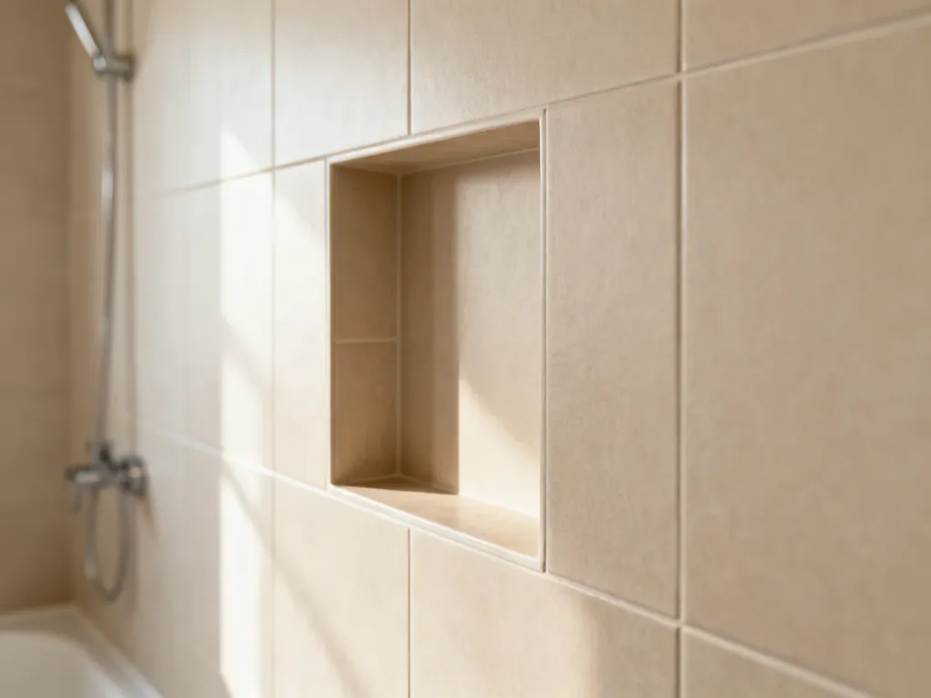 Nowoczesna wnęka prysznicowa wyłożona beżowymi płytkami, zamontowana na ergonomicznym poziomie dla wygody użytkowania.