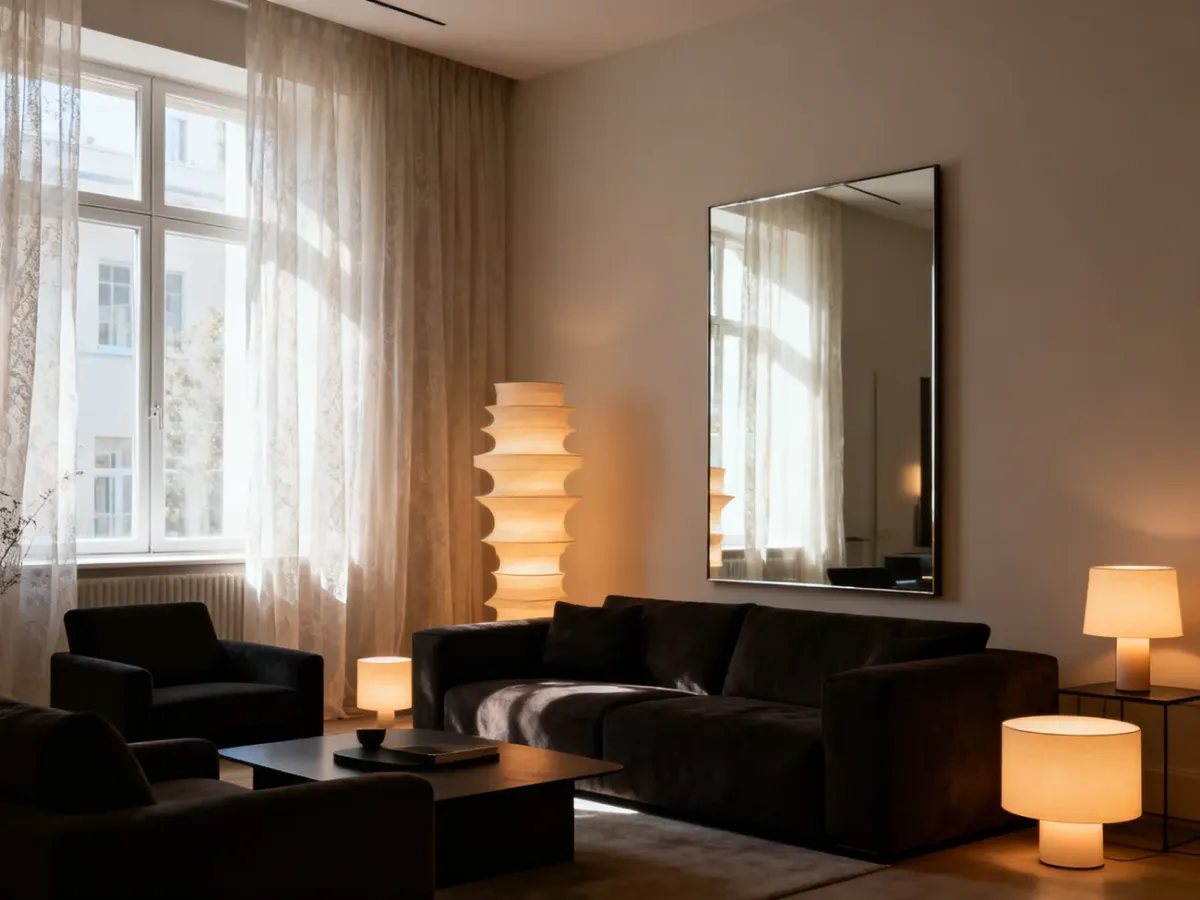 Ciemny salon rozjaśniony światłem dziennym, lustrem i kilkoma lampami