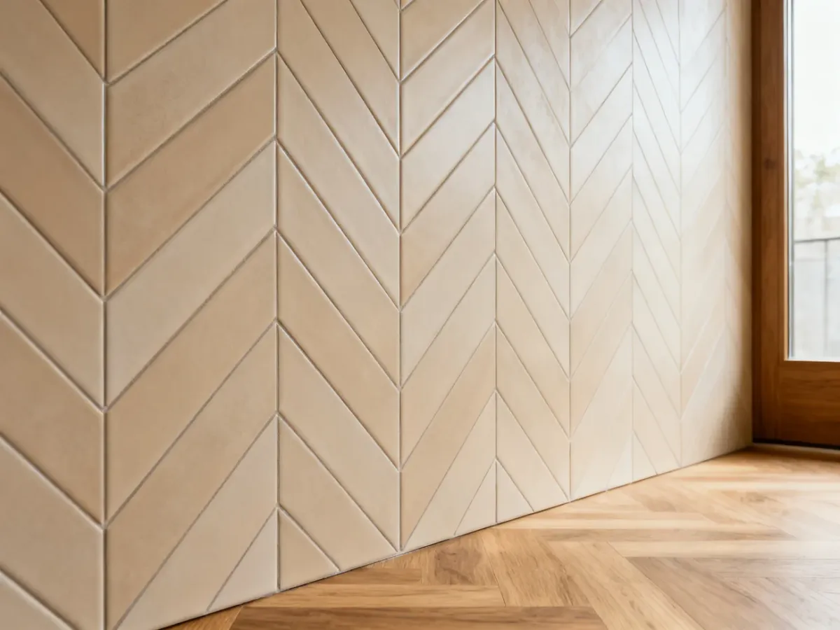 Płytki 20×60 ułożone w dekoracyjny wzór jodełki