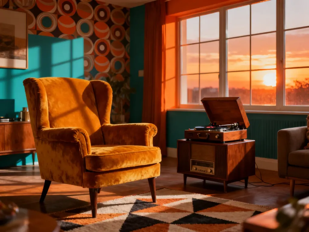 Przytulny salon w stylu retro z musztardowym fotelem, gramofonem i geometrycznym dywanem w ciepłych barwach.