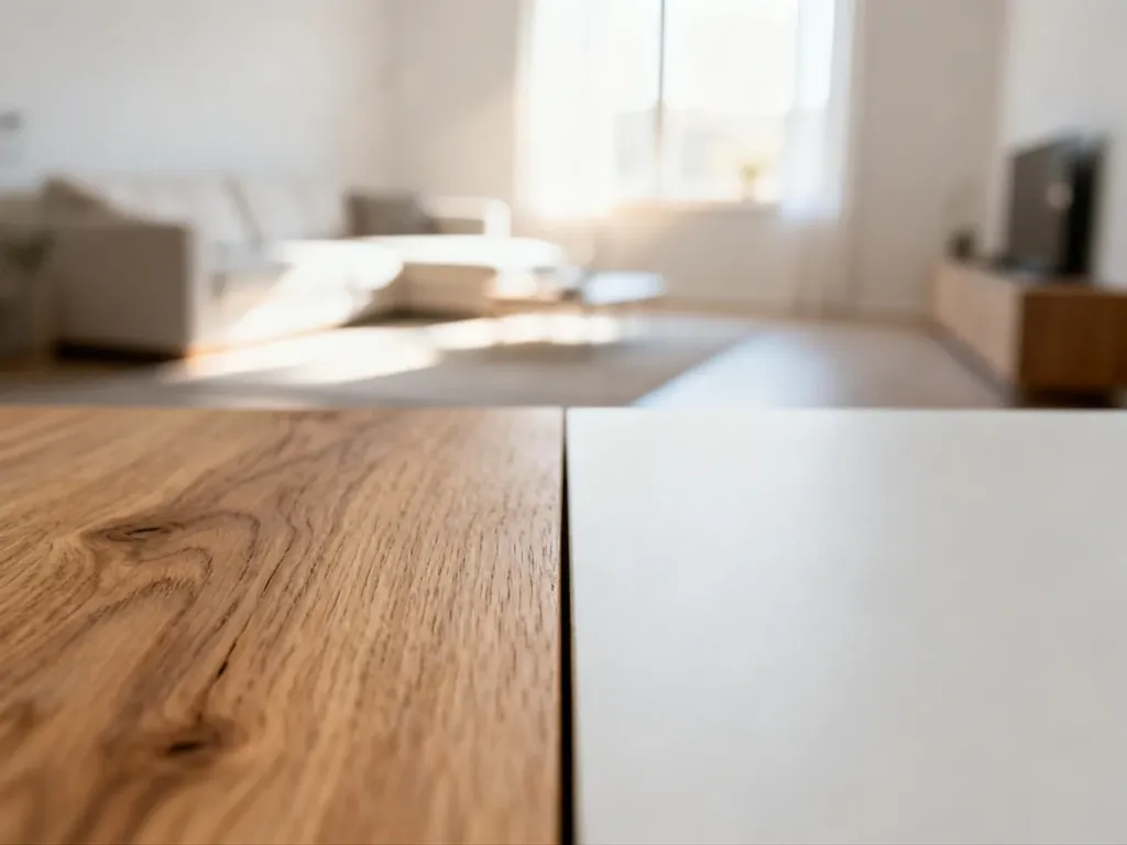 Zestawienie naturalnego drewna dębowego z nowoczesną płytą meblową na tle jasnego, minimalistycznego salonu.