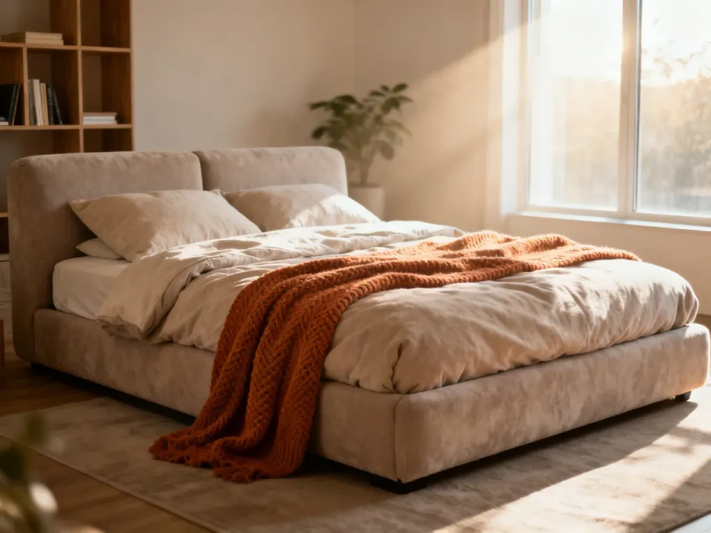 Wygodna sofa rozkładana z pościelą i kocem w przytulnym, nasłonecznionym salonie, gotowa do codziennego wypoczynku.