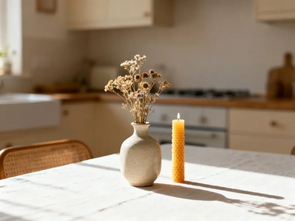 Minimalistyczna dekoracja stołu z ceramicznym wazonem, suszonymi kwiatami i świecą w jasnym, przytulnym wnętrzu.