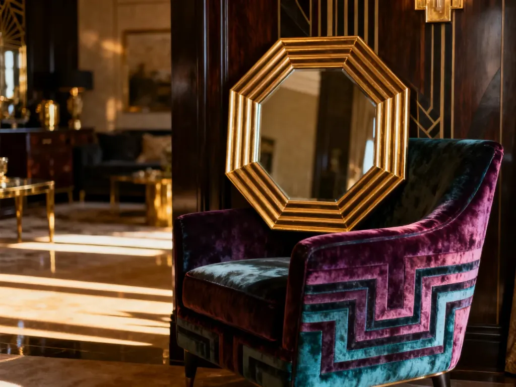 Eleganckie wnętrze w stylu art déco z geometrycznym lustrem, aksamitnym fotelem i luksusowymi akcentami z mosiądzu.