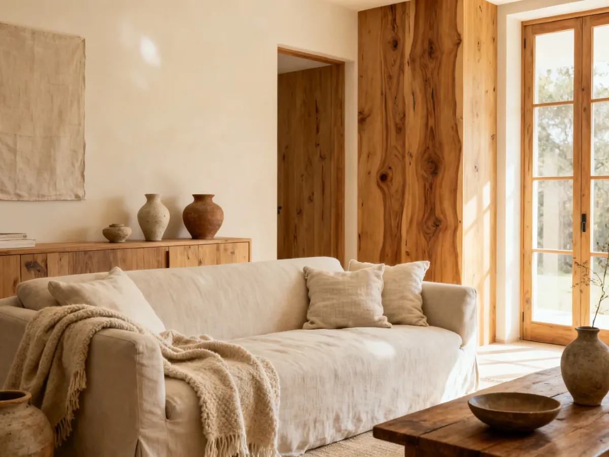 Jasny nowoczesny salon rustykalny z drewnianymi akcentami i naturalnymi tekstyliami