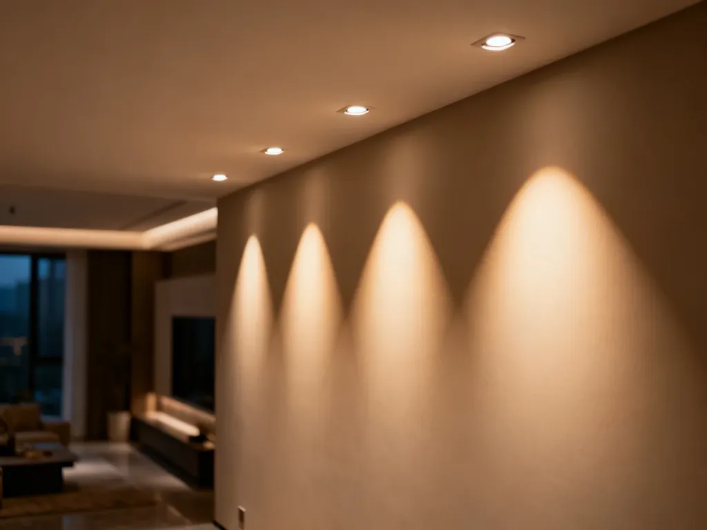 Nowoczesny salon z równomiernie rozmieszczonymi punktowymi lampami LED, które tworzą przytulne, ciepłe oświetlenie sufitu.