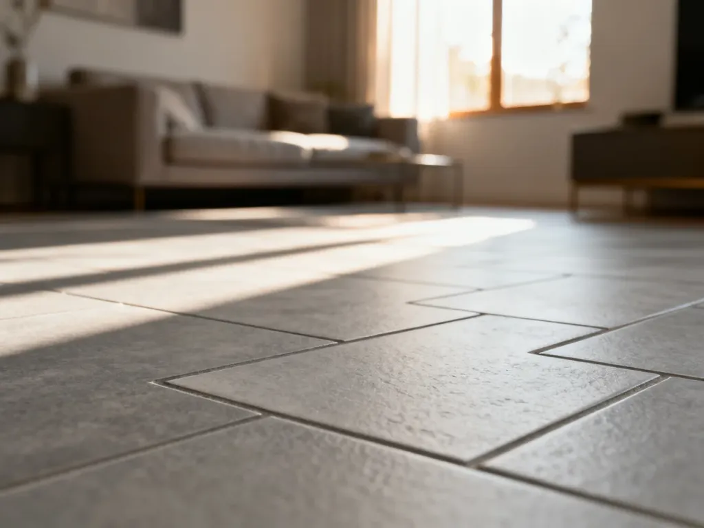 Szare płytki ceramiczne ułożone w cegiełkę w nowoczesnym salonie z naturalnym światłem.