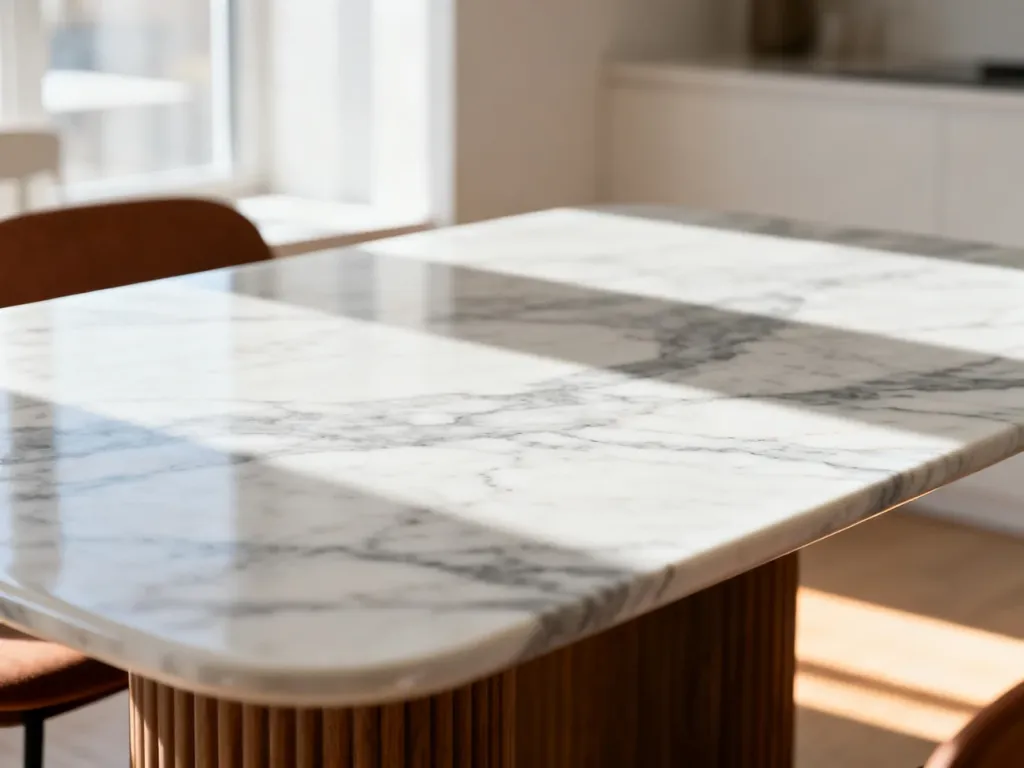 Zbliżenie na nowoczesny stół ceramiczny o marmurowym wzorze w jasnej, minimalistycznej jadalni.