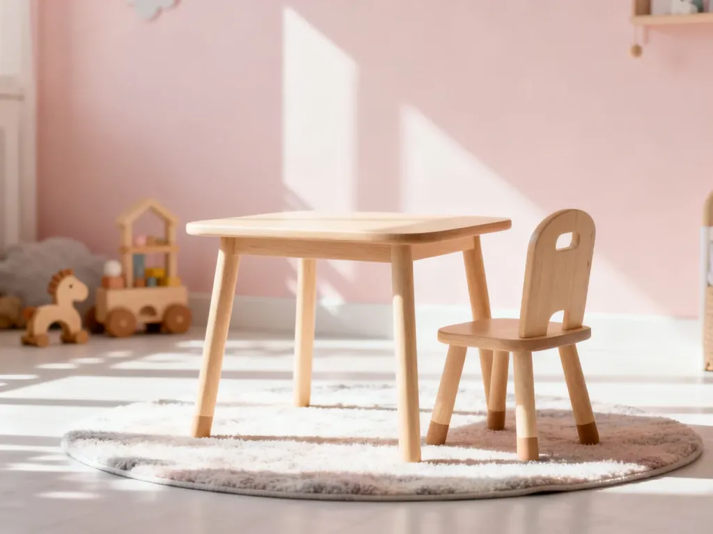 Minimalistyczny drewniany stolik i krzesełko dla dziecka w jasnym, nowoczesnym pokoju dziecięcym.