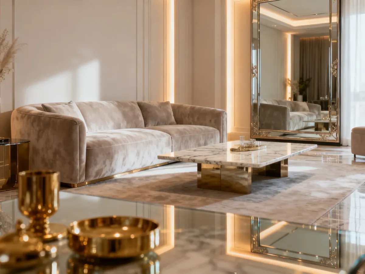 Jasny salon w stylu glamour z welurową sofą, marmurowym stolikiem i lustrami