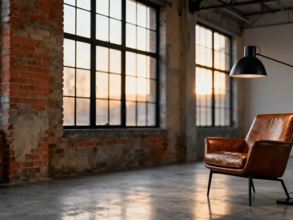 Industrialny salon z ceglaną ścianą, betonową podłogą, skórzanym fotelem i czarną lampą w świetle zachodzącego słońca.
