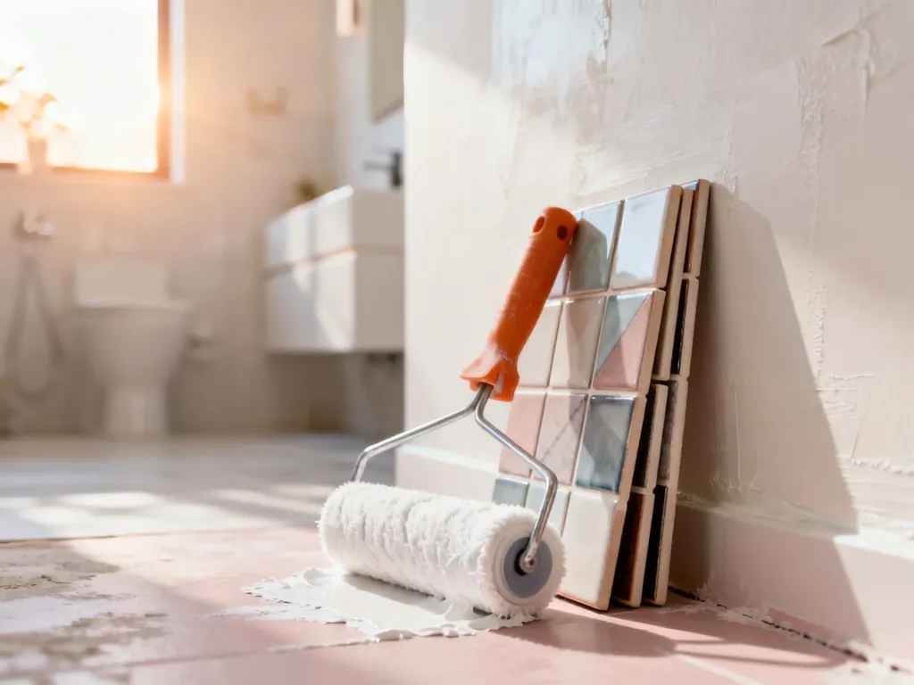 Wałek z białą farbą i nowe płytki ceramiczne na tle odświeżonej, jasnej łazienki w trakcie remontu.
