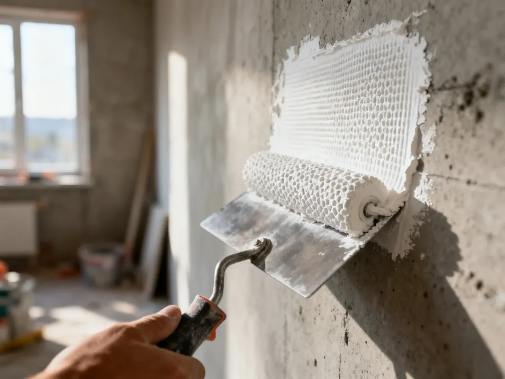Metalowa paca nakłada biały tynk strukturalny typu baranek na betonową ścianę, tworząc charakterystyczną ziarnistą fakturę.