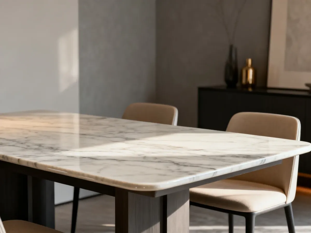 Nowoczesny stół ceramiczny z blatem inspirowanym marmurem w eleganckiej jadalni