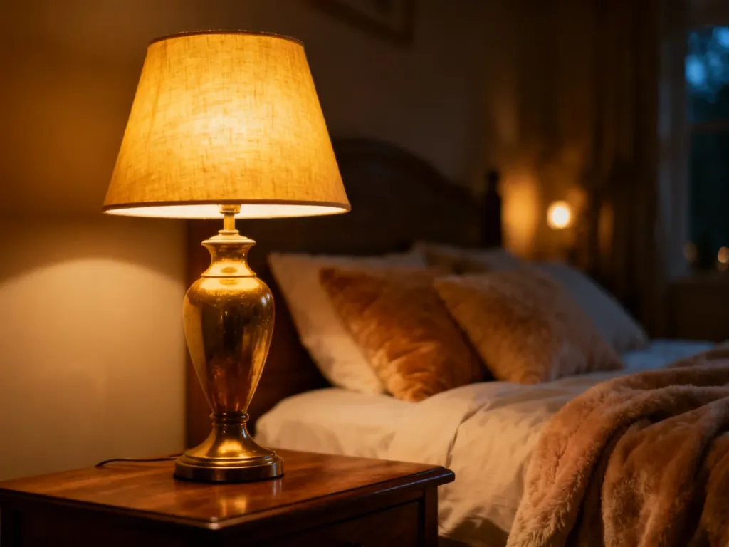 Przytulna sypialnia z ciepłym światłem lampki nocnej, tworzącym nastrojową atmosferę sprzyjającą relaksowi.