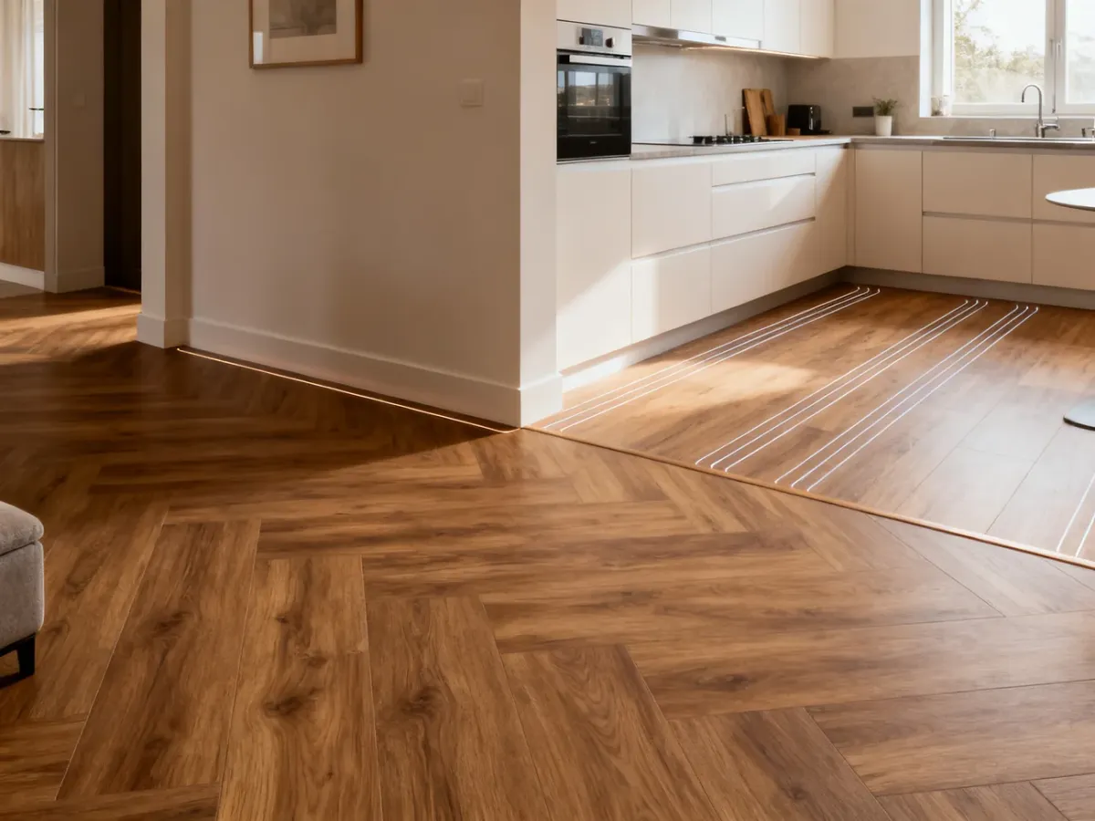 Nowoczesne wnętrze z laminowaną i winylową podłogą dobraną do różnych pomieszczeń