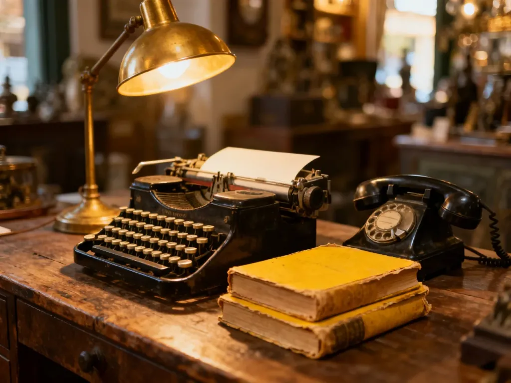 Kolekcja przedmiotów vintage, w tym maszyna do pisania, stary telefon i książki, ustawiona na drewnianym stole w przytulnym wnętrzu.