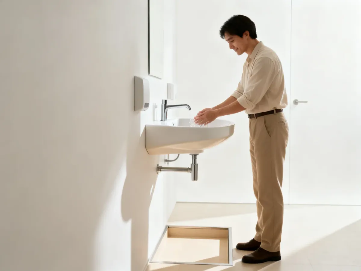 Umywalka łazienkowa zamontowana na ergonomicznej wysokości z wolną przestrzenią pod misą