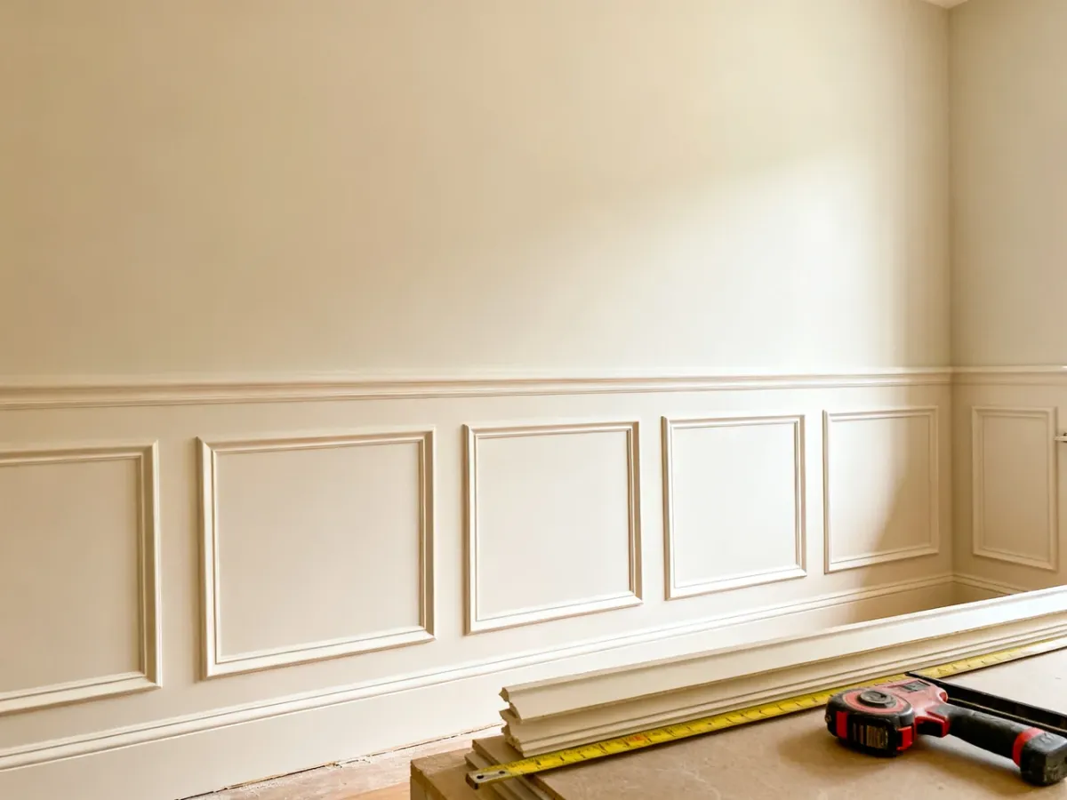 Elegancki salon z angielską boazerią z równych ramek na ścianie