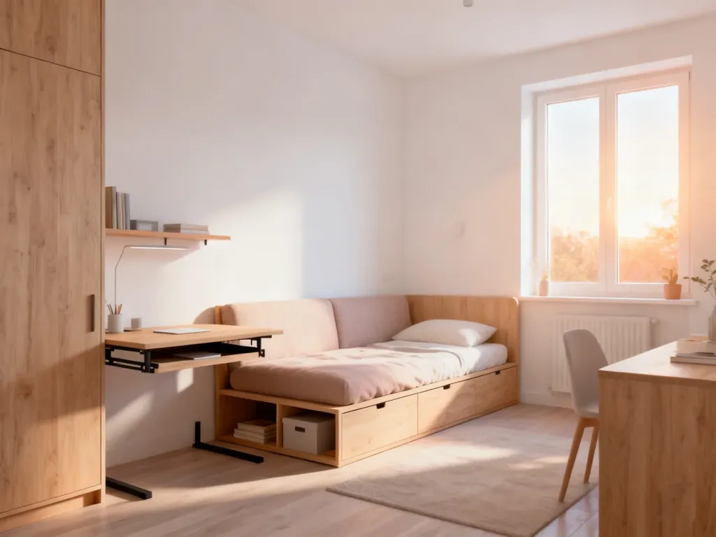 Jasne i minimalistyczne studio o powierzchni 20 m² z wielofunkcyjnymi meblami, które optycznie powiększają małą przestrzeń.