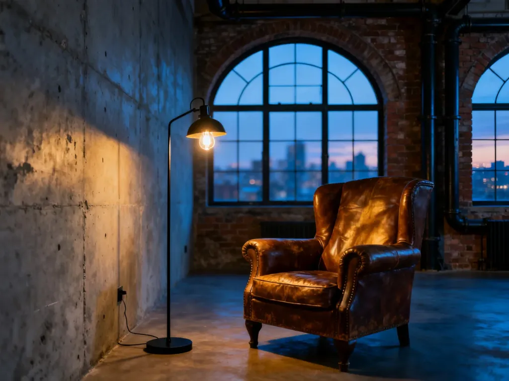 Nowoczesny loft w stylu industrialnym z surową ścianą, skórzanym fotelem i oświetleniem w ciepłym odcieniu.