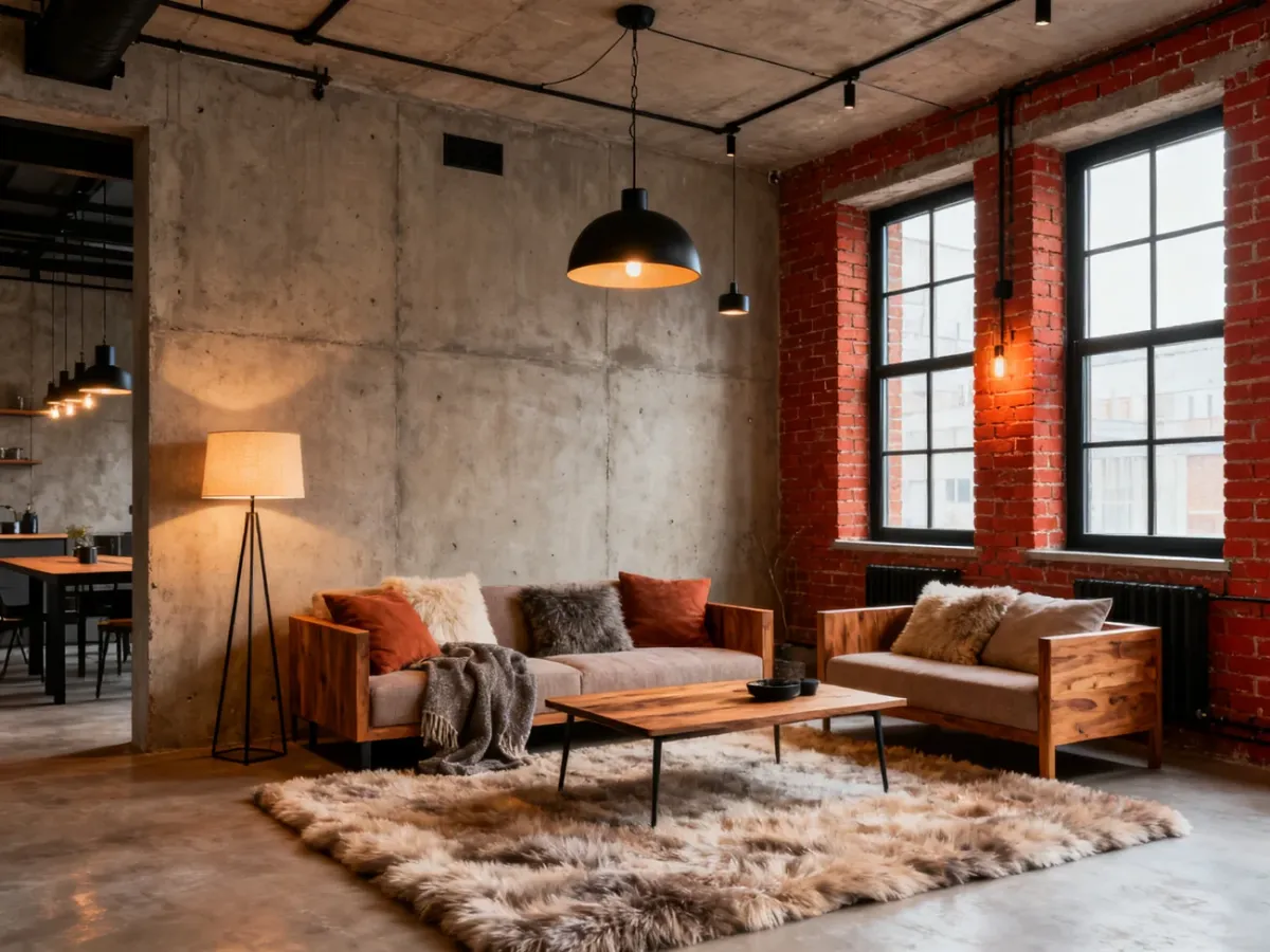 Przytulny salon w stylu industrialnym z betonem, cegłą, metalem i drewnem