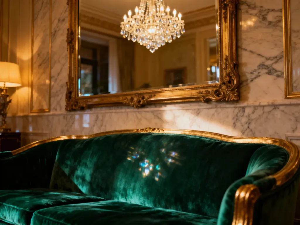 Luksusowy salon w stylu glamour ze szmaragdową sofą, złotymi akcentami i eleganckim marmurowym wykończeniem ścian.