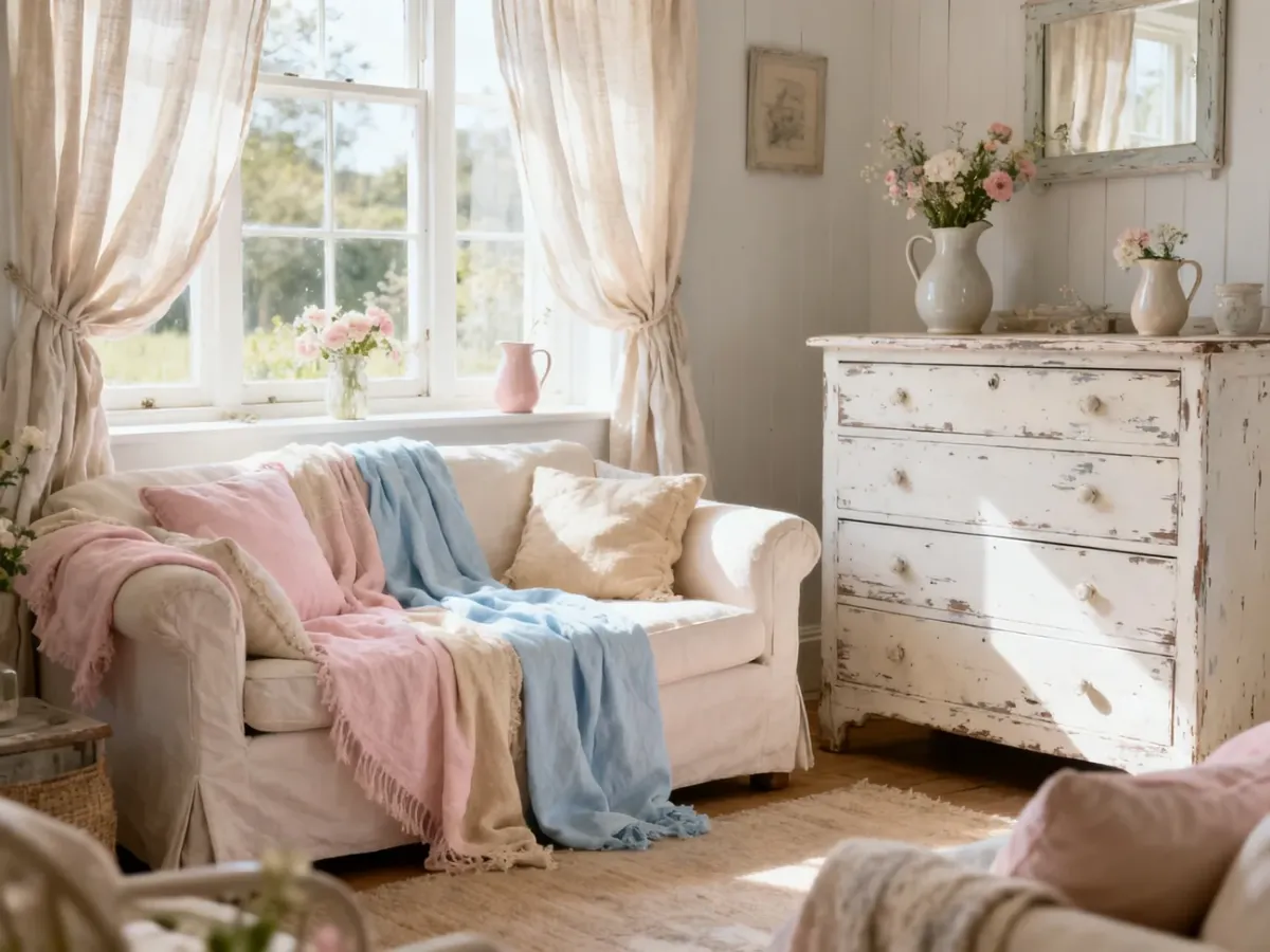 Jasny salon w stylu shabby chic z przecieranymi meblami i pastelowymi dodatkami